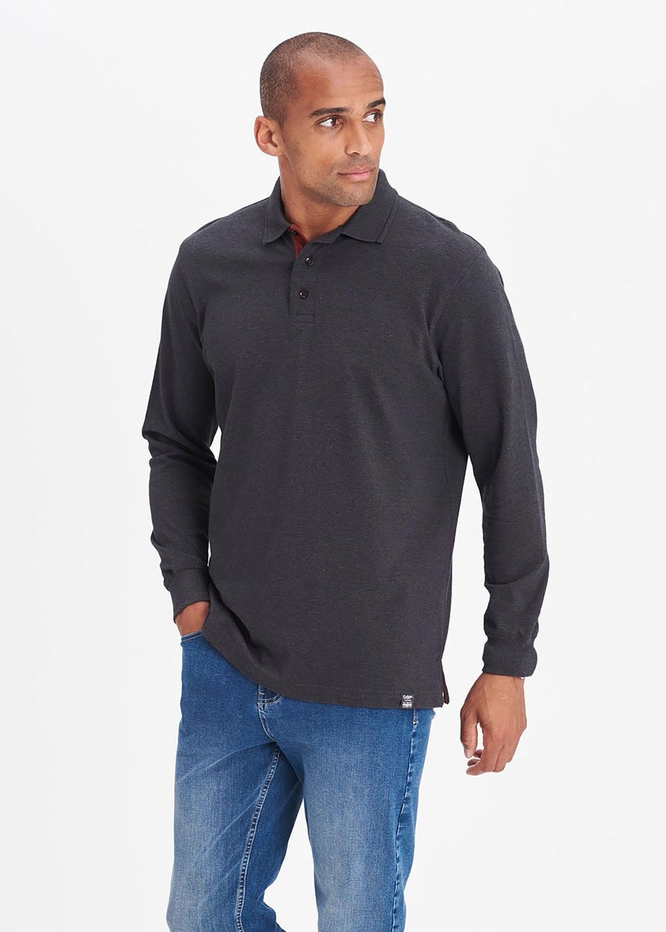 Cotton Traders Steel Grey Long Sleeve Polo Shirt