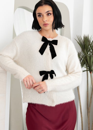 Lovedrobe Ivory Eyelash Knit Cardigan with Velvet Bow Detail