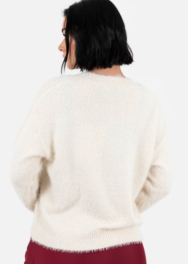 Lovedrobe Ivory Eyelash Knit Cardigan with Velvet Bow Detail