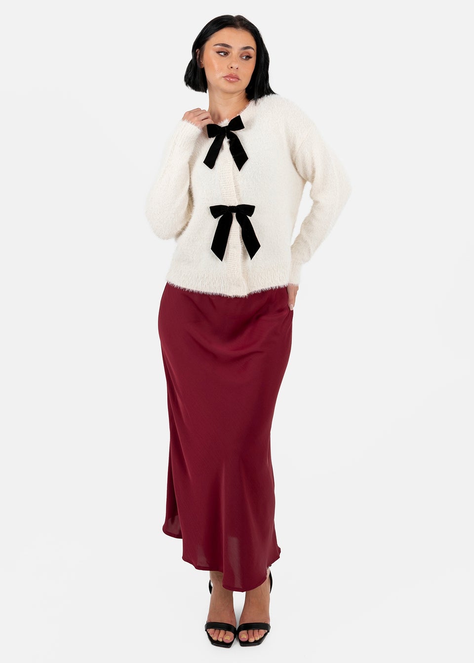 Lovedrobe Ivory Eyelash Knit Cardigan with Velvet Bow Detail