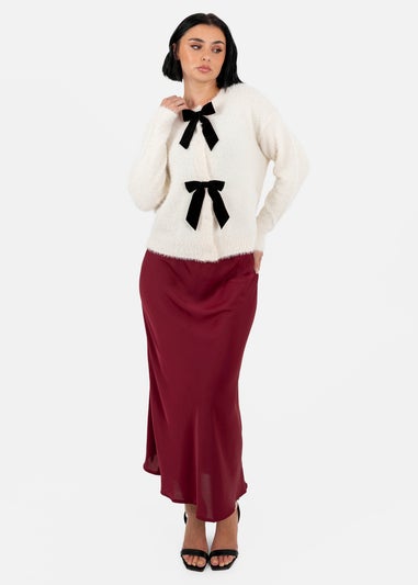 Lovedrobe Ivory Eyelash Knit Cardigan with Velvet Bow Detail