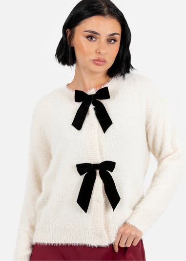 Lovedrobe Ivory Eyelash Knit Cardigan with Velvet Bow Detail