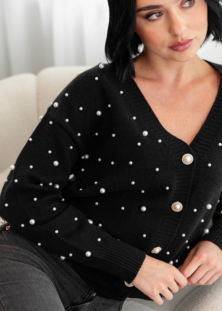 Lovedrobe Pearl Embellished Black Cardigan