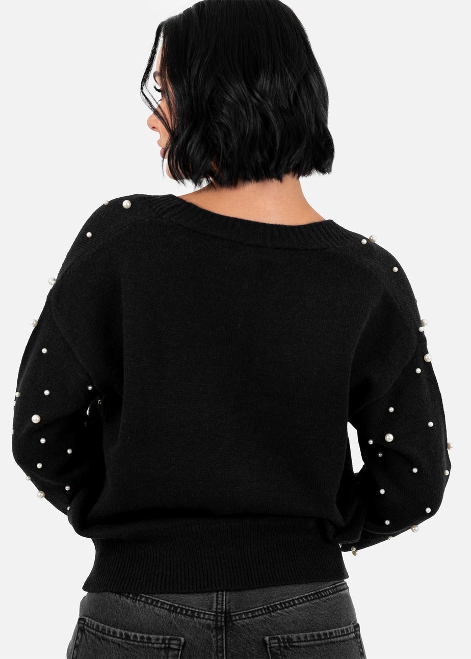 Lovedrobe Pearl Embellished Black Cardigan