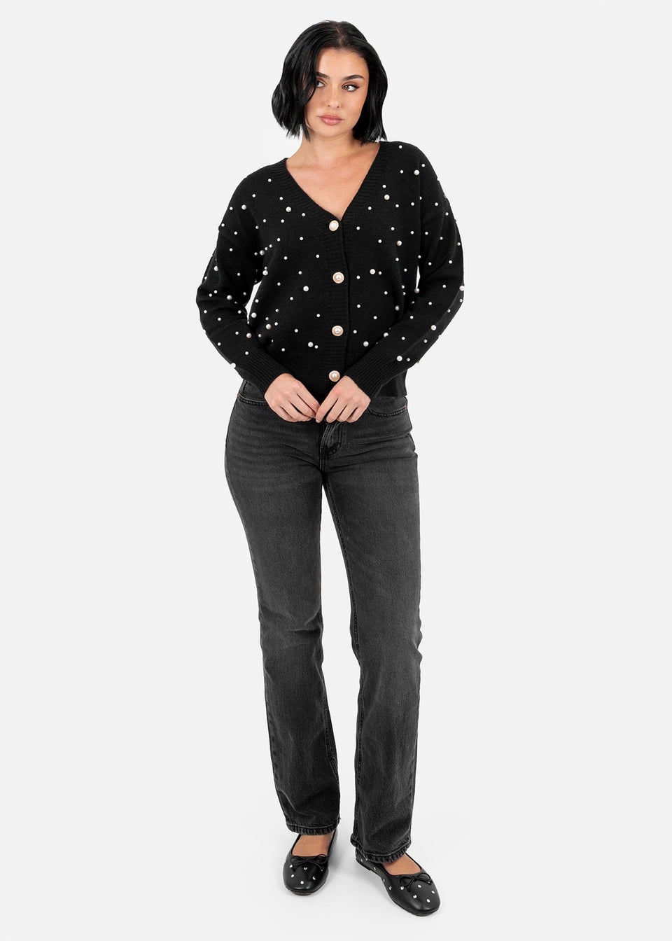 Lovedrobe Pearl Embellished Black Cardigan