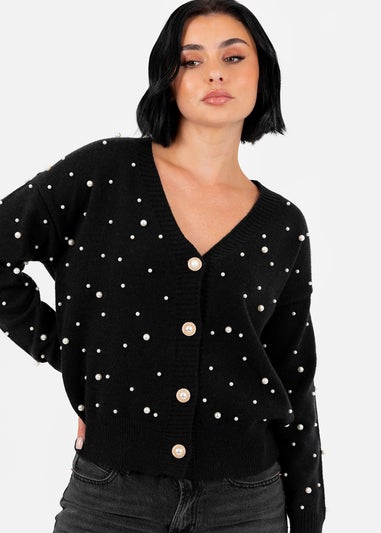 Lovedrobe Pearl Embellished Black Cardigan