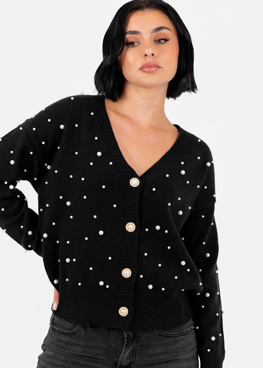 Lovedrobe Pearl Embellished Black Cardigan