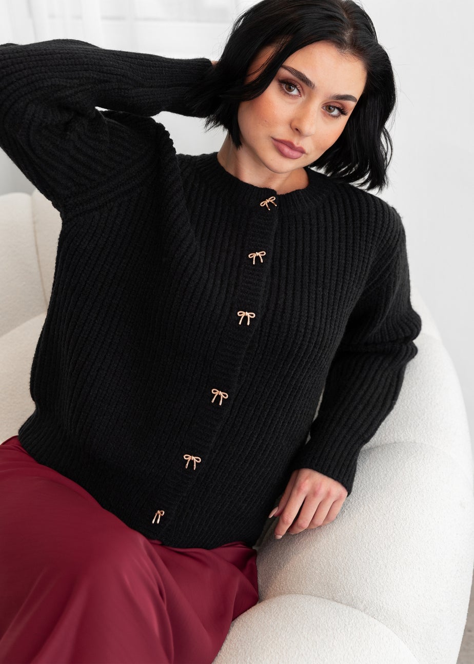 Lovedrobe Bow Button Round Neck Black Cardigan