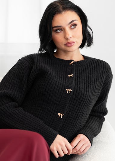 Lovedrobe Bow Button Round Neck Black Cardigan