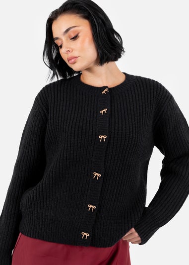 Lovedrobe Bow Button Round Neck Black Cardigan
