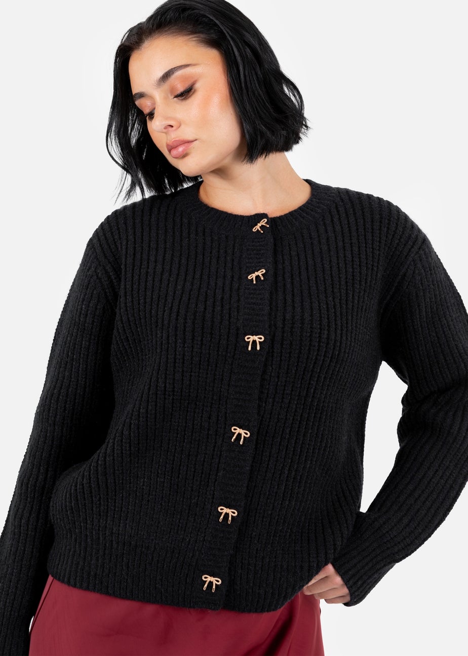 Lovedrobe Bow Button Round Neck Black Cardigan