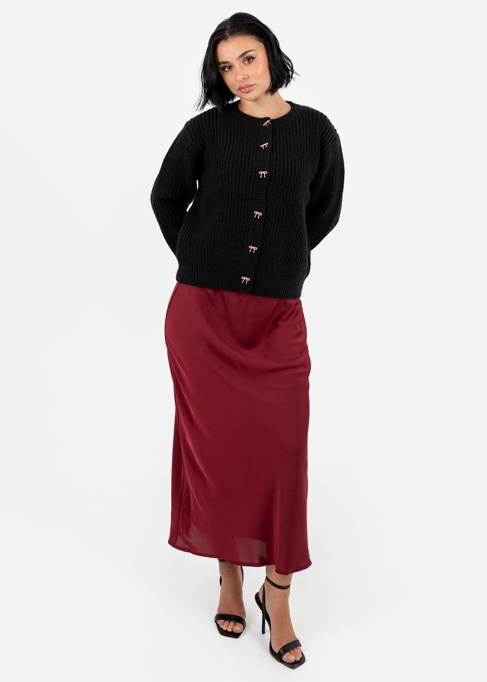 Lovedrobe Bow Button Round Neck Black Cardigan