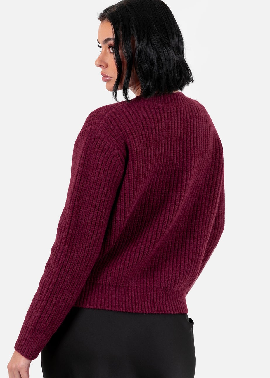 Lovedrobe Bow Button Round Neck Burgundy Cardigan