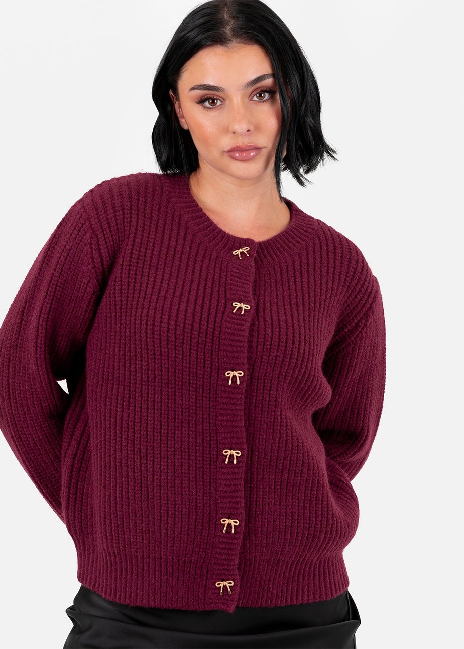 Lovedrobe Bow Button Round Neck Burgundy Cardigan