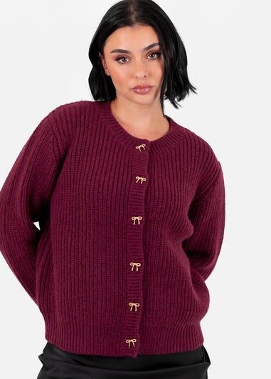 Lovedrobe Bow Button Round Neck Burgundy Cardigan