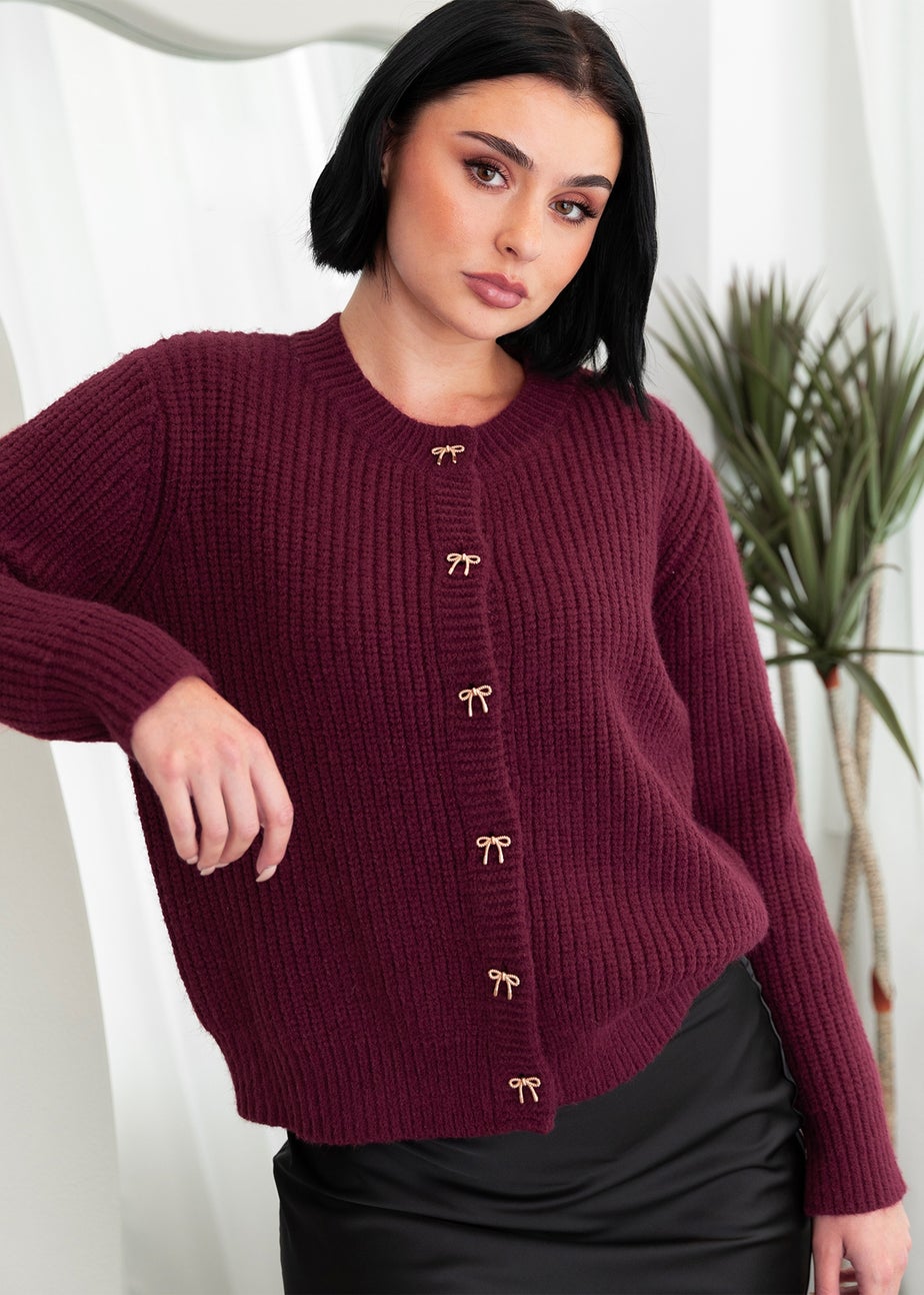 Lovedrobe Bow Button Round Neck Burgundy Cardigan