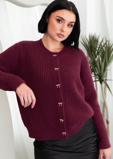 Lovedrobe Bow Button Round Neck Burgundy Cardigan