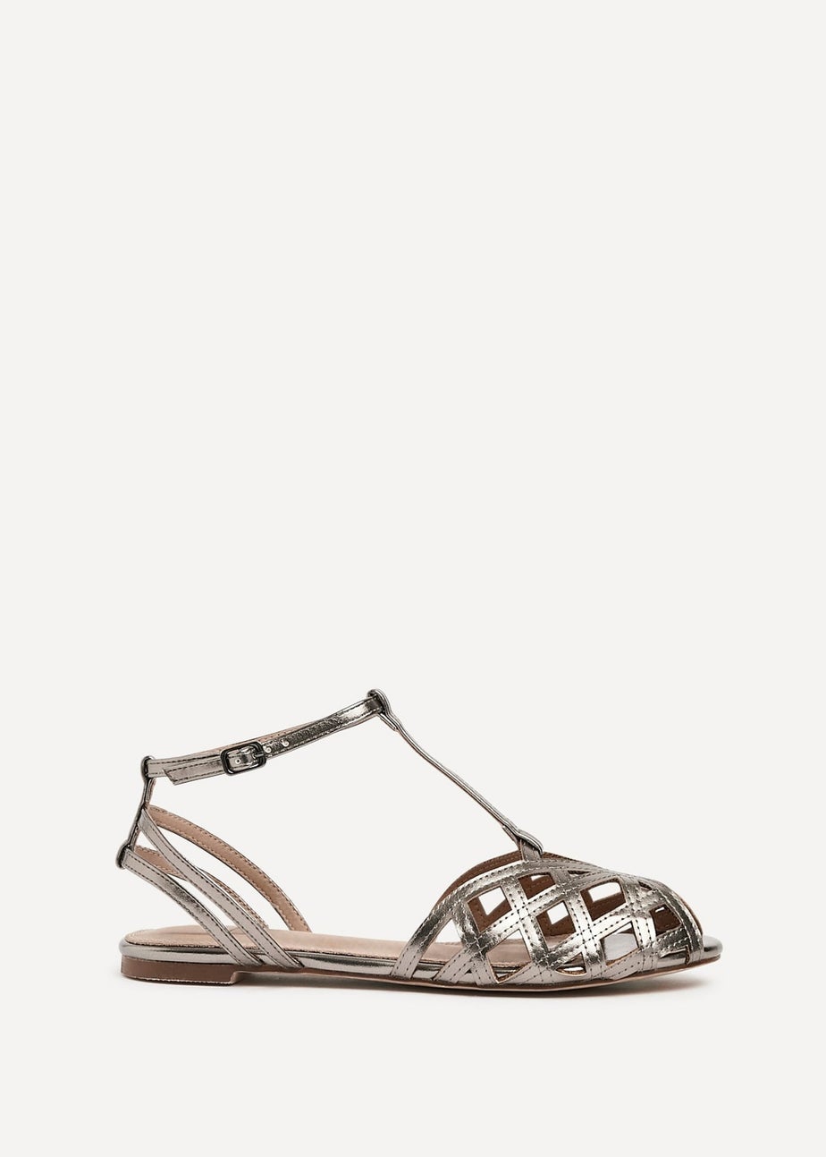 Linzi Santi Grey Faux Leather Caged Flat Sandal