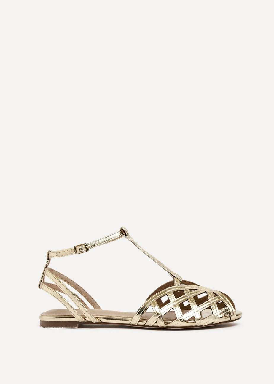 Linzi Santi Gold Faux Leather Caged Flat Sandal