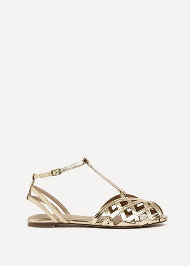 Linzi Santi Gold Faux Leather Caged Flat Sandal