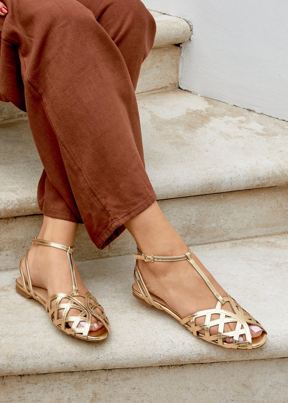 Linzi Santi Gold Faux Leather Caged Flat Sandal