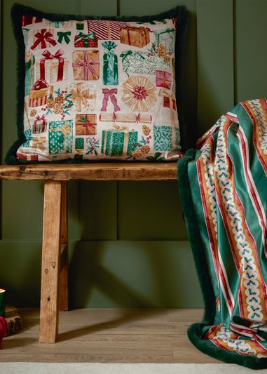 Furn All Wrapped Up Velvet Faux Fur Emerald/Red Cushion