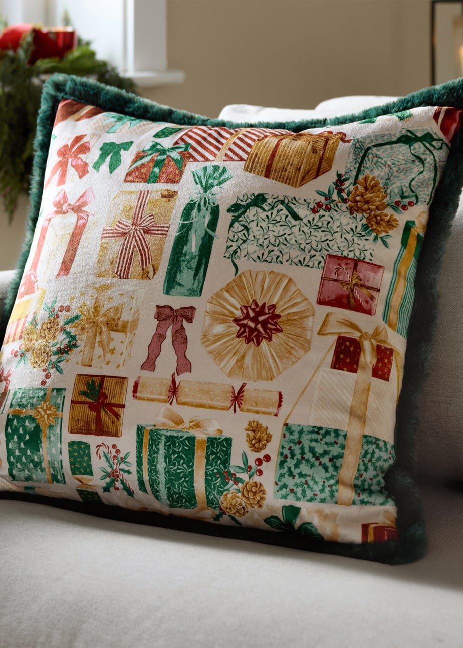 Furn All Wrapped Up Velvet Faux Fur Emerald/Red Cushion