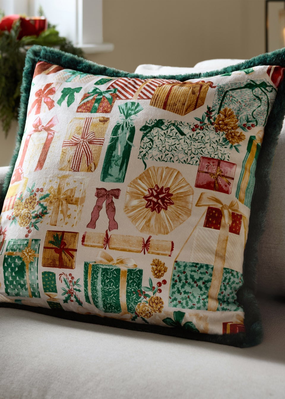 Furn All Wrapped Up Velvet Faux Fur Emerald/Red Cushion