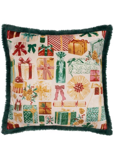 Furn All Wrapped Up Velvet Faux Fur Emerald/Red Cushion