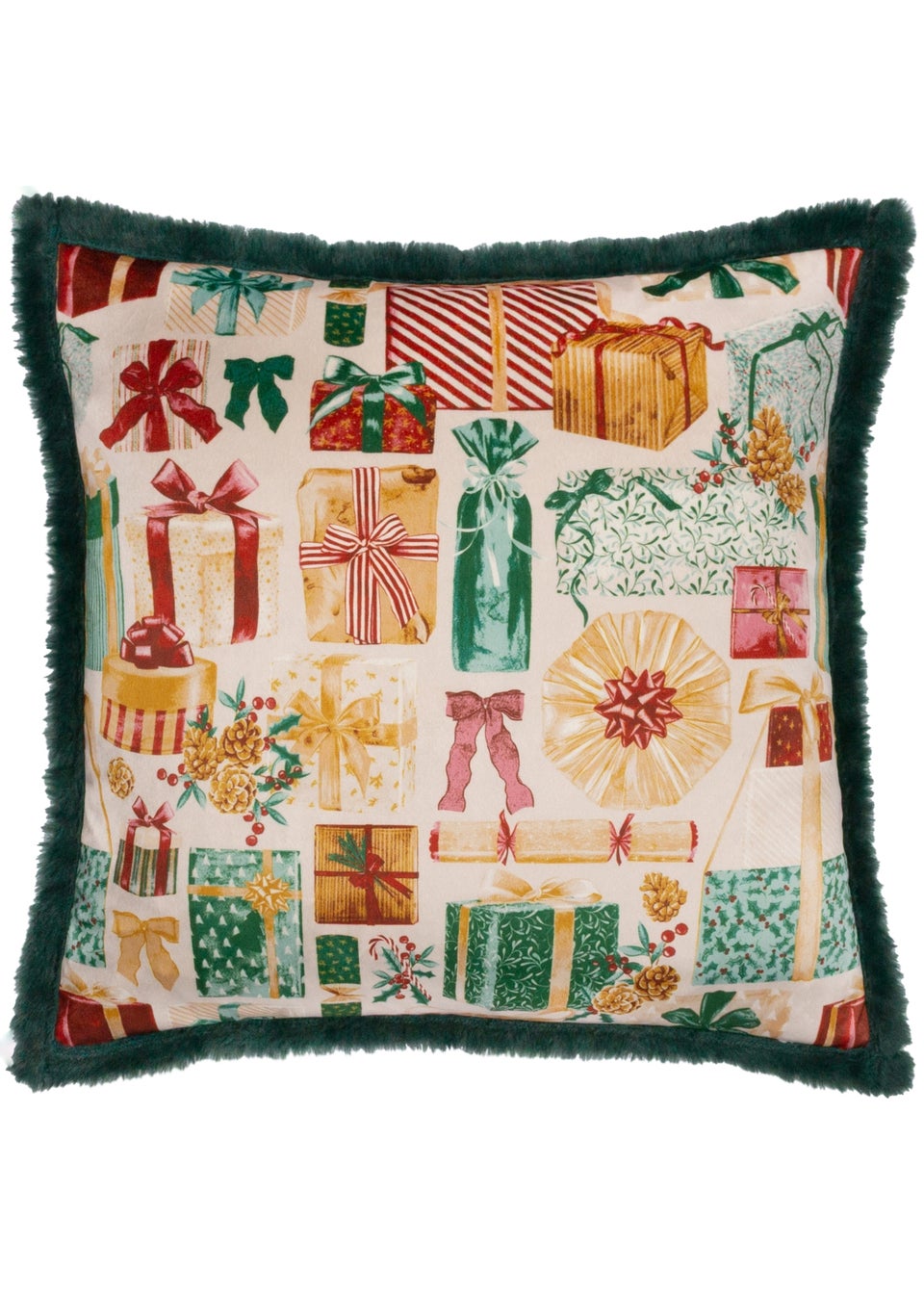 Furn All Wrapped Up Velvet Faux Fur Emerald/Red Cushion