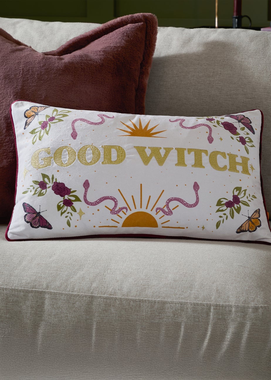 Furn Good Witch Embroidered Velvet Angel White Cushion