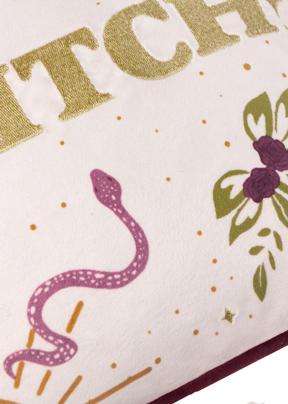 Furn Good Witch Embroidered Velvet Angel White Cushion