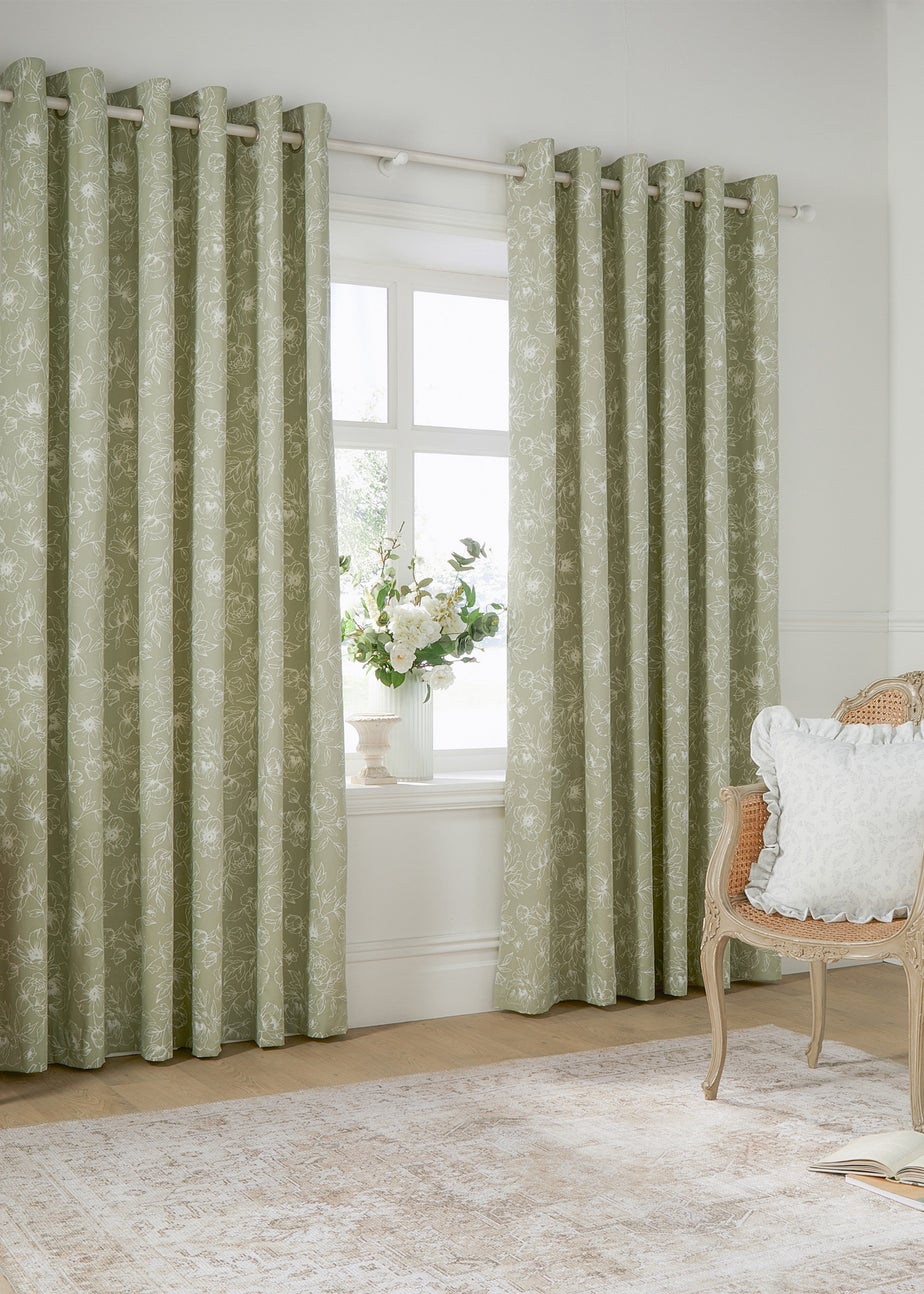 Wylder Nature Bella Floral Lined Sage Eyelet Curtain Pair
