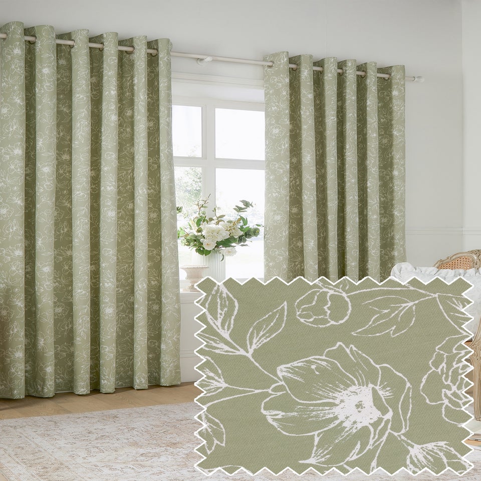 Wylder Nature Bella Floral Lined Sage Eyelet Curtain Pair