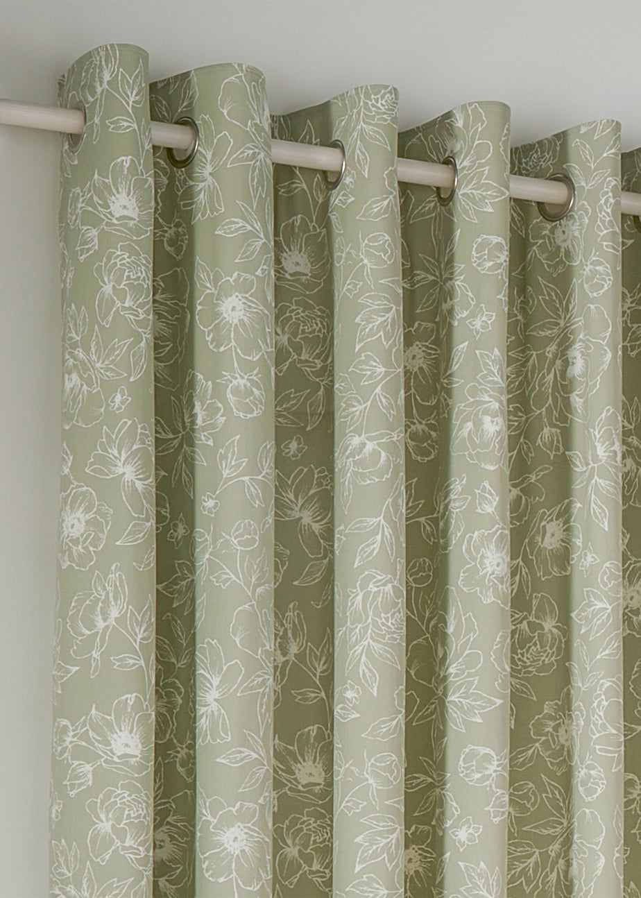 Wylder Nature Bella Floral Lined Sage Eyelet Curtain Pair