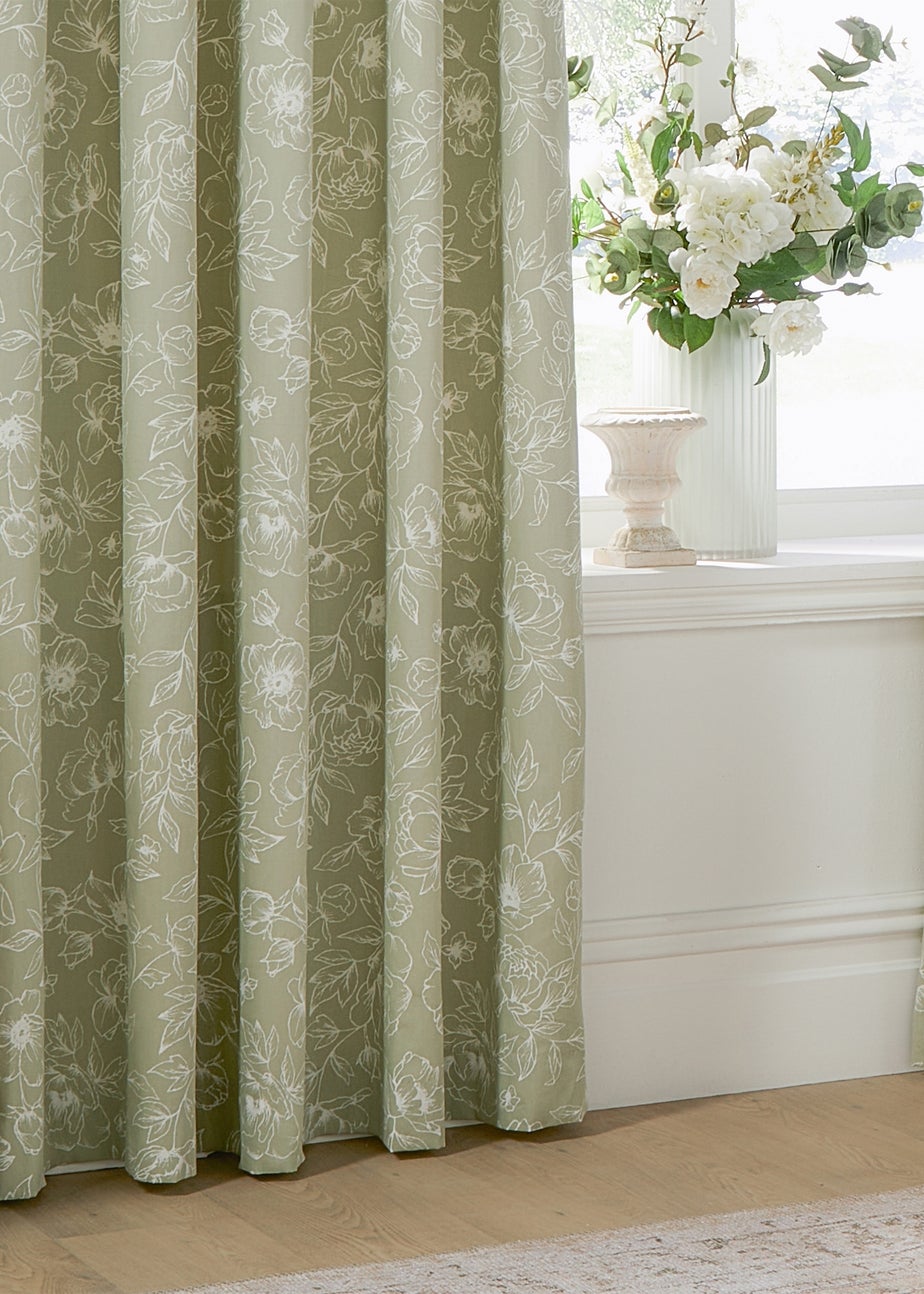 Wylder Nature Bella Floral Lined Sage Eyelet Curtain Pair