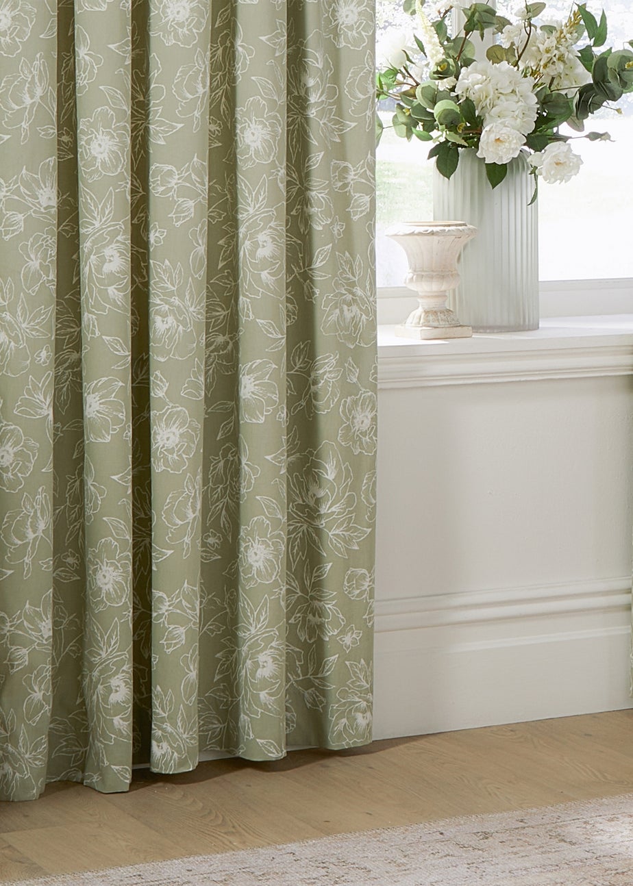 Wylder Nature Bella Floral Lined Sage Pencil Pleat Curtain Pair
