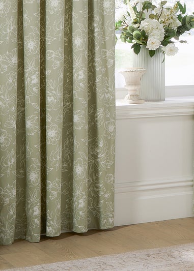Wylder Nature Bella Floral Lined Sage Pencil Pleat Curtain Pair