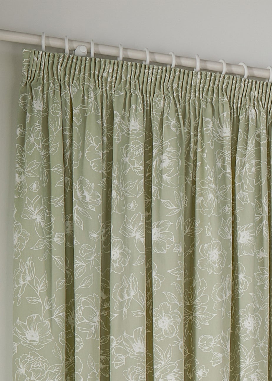 Wylder Nature Bella Floral Lined Sage Pencil Pleat Curtain Pair
