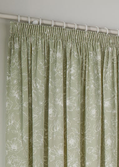 Wylder Nature Bella Floral Lined Sage Pencil Pleat Curtain Pair