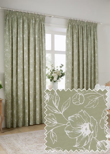 Wylder Nature Bella Floral Lined Sage Pencil Pleat Curtain Pair