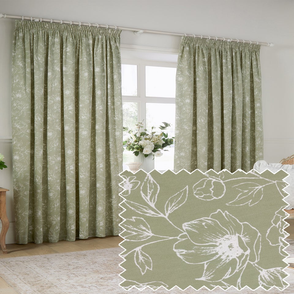 Wylder Nature Bella Floral Lined Sage Pencil Pleat Curtain Pair