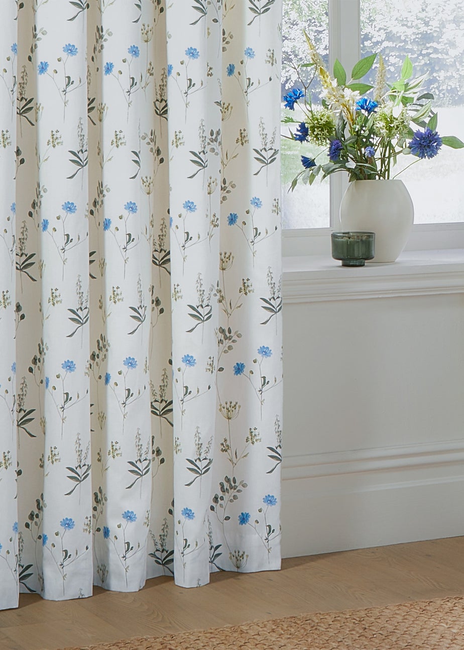 Wylder Nature Meadow 100% Cotton Lined White Pencil Pleat Curtain Pair