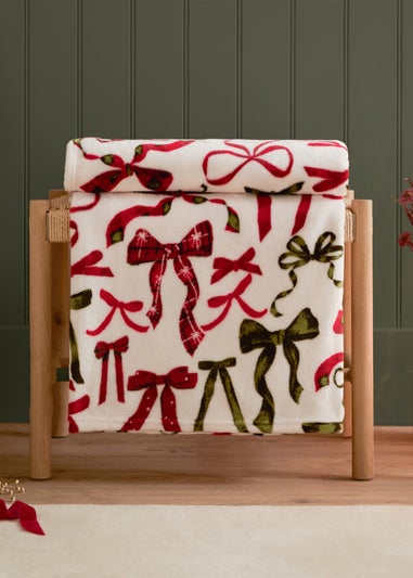 Furn Festive Bows Printed Fleece Berry/Pine Throw