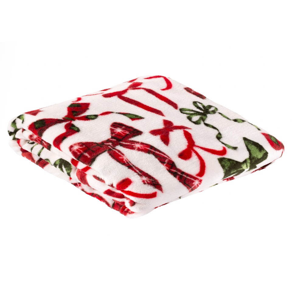 Furn Festive Bows Printed Fleece Berry/Pine Throw