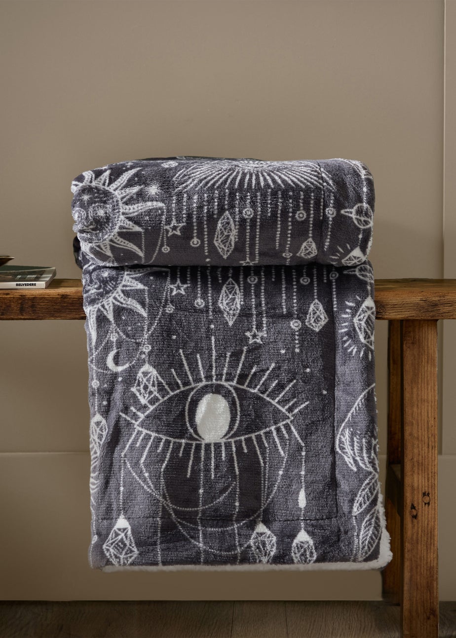 Furn Constellation Printed Sherpa Fleece Charcoal Cream Throw