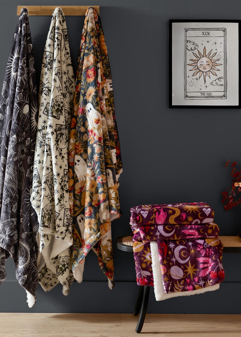 Furn Constellation Printed Sherpa Fleece Charcoal Cream Throw