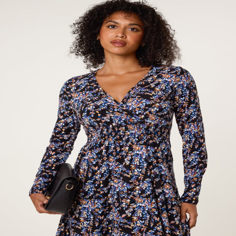 Blue Vanilla Black Floral V Neck Wrap Long Sleeve Midi Dress
