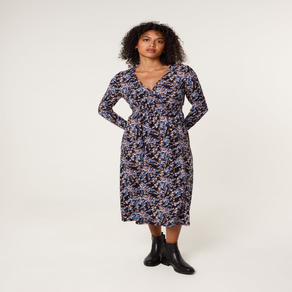 Blue Vanilla Black Floral V Neck Wrap Long Sleeve Midi Dress