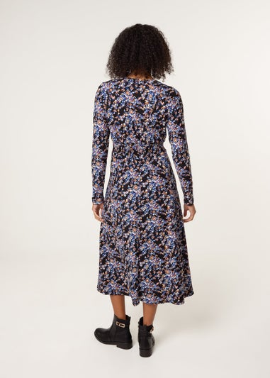 Blue Vanilla Black Floral V Neck Wrap Long Sleeve Midi Dress